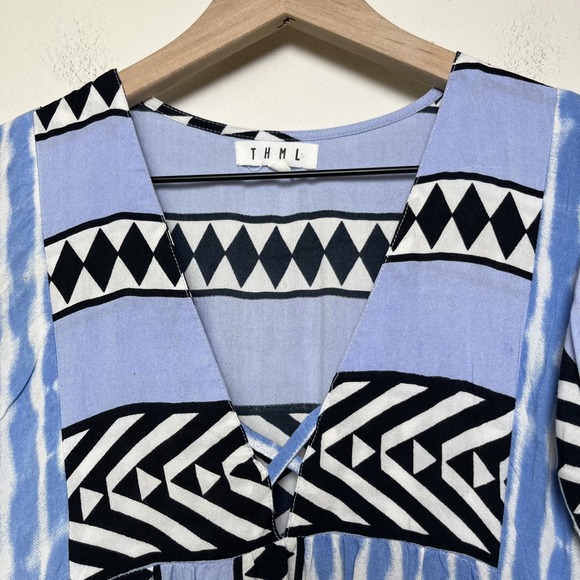 THML Women Mini Dress XS Blue Southwestern Western Aztec Tiered V-Neck Summer - Picture 2 of 12
